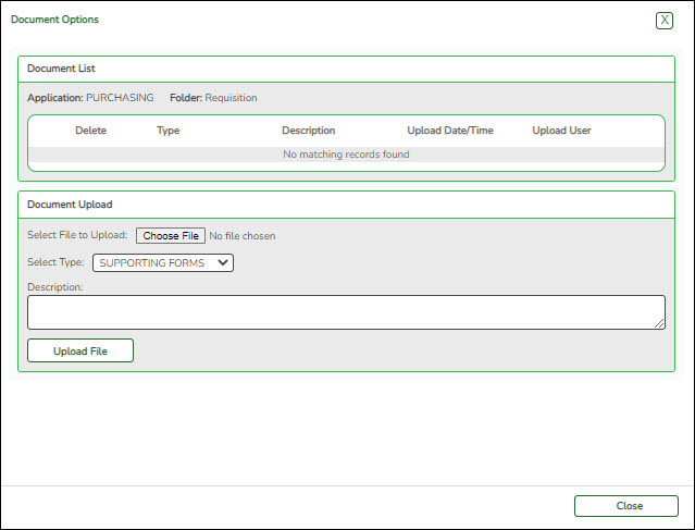 Create Requisition Document Options Window