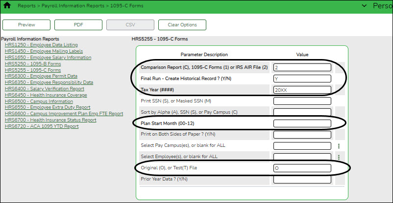 HRS5250 Create AIR File Report Parameters