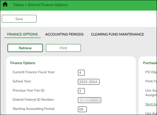 District Finance Options Tab