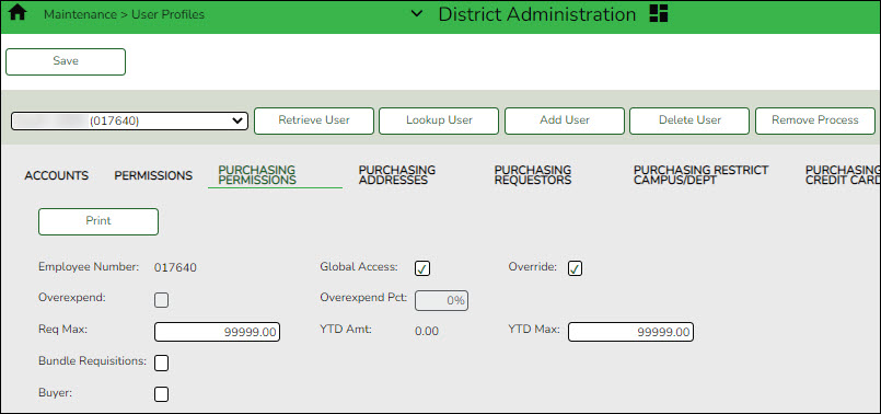 District Admin User Profile Purchasing Permissions Tab
