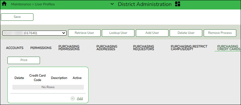 District Admin User Profile Purchasing Credit Cards Tab