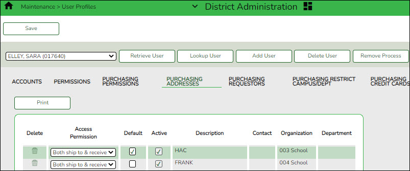 District Administration User Profile Purchasing Addresses Tab