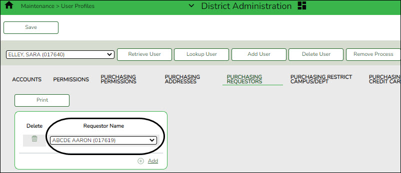 District Administration User Profile Purchasing Requestors Tab