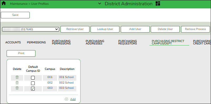 District Administration User Profile Purchasing Restrict Campus Department Tab