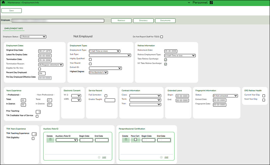 Employment Info Tab Retiree Example