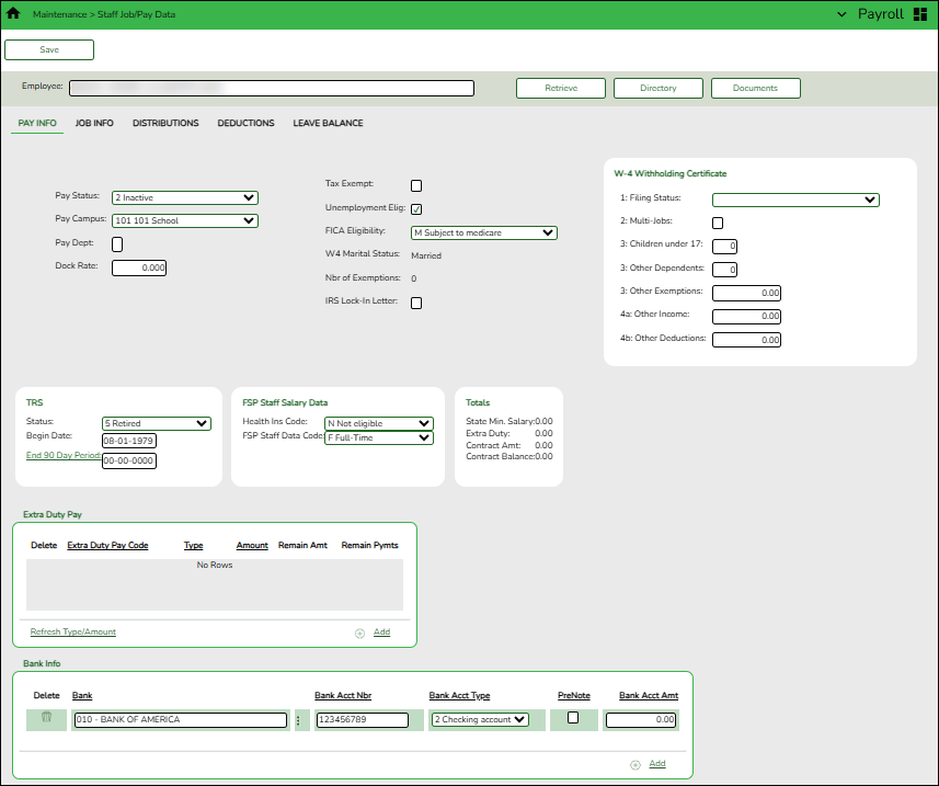 Pay Info Tab Retiree Example