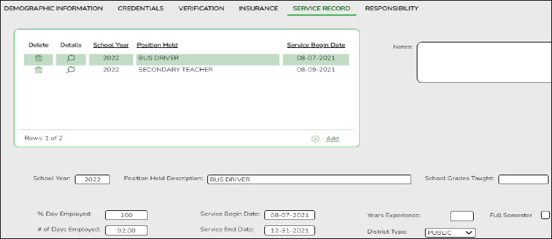Service Record Example 1 Bus Driver