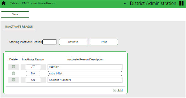 District Administration PMIS Inactivate Reason Page