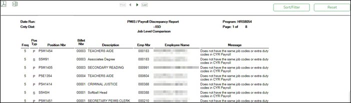 HRS8054 PMIS/Payroll Discrepancy Report