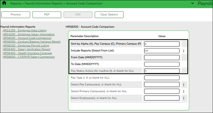 HRS6000 - Account Code Comparison Report Parameters