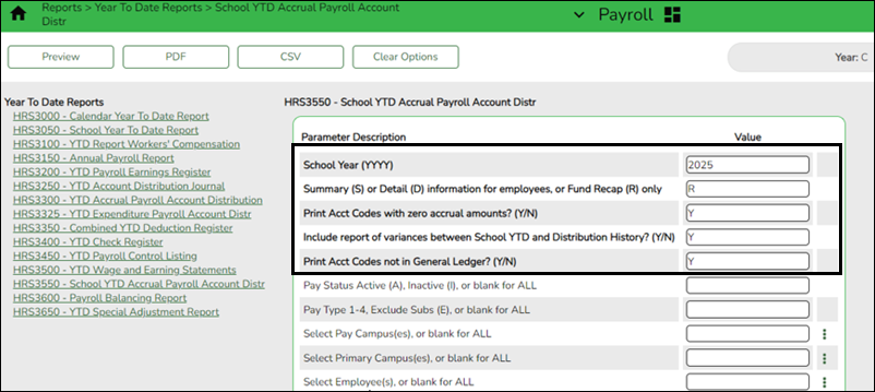 HRS3550 - School YTD Accrual Payroll Account Distribution Report Parameters