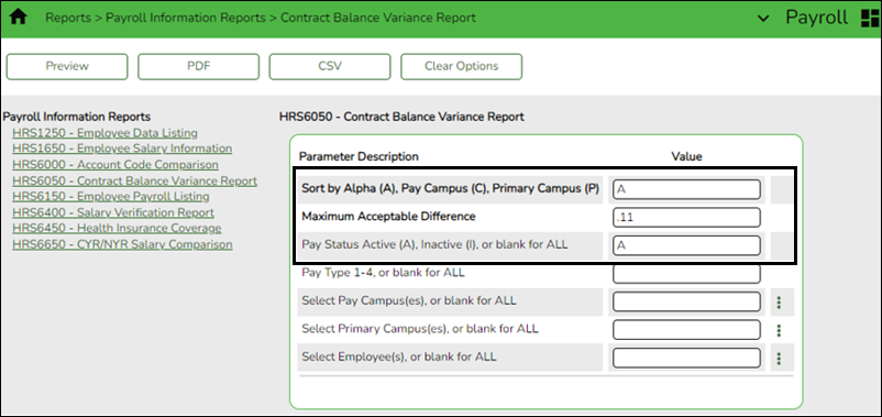 HRS6050 - Contract Balance Variance Report Parameters