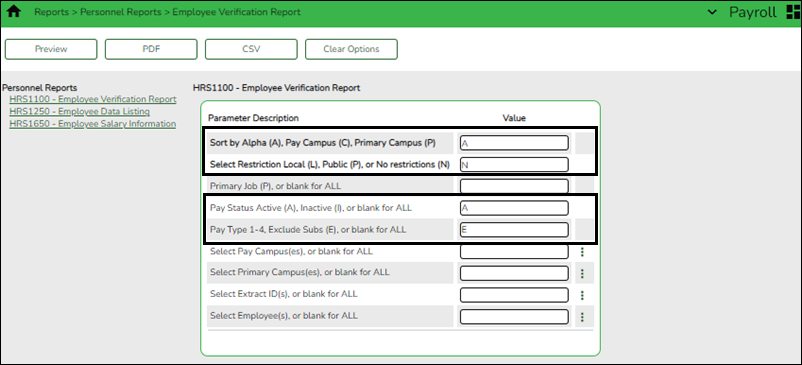 HRS1100 - Employee Verification Report Parameters