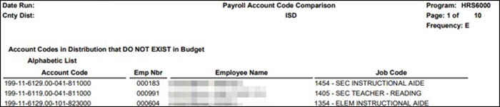 HRS6000 Payroll Account Code Comparison Report