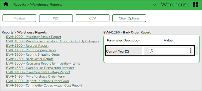BWH1250 - Back Order Report Parameters