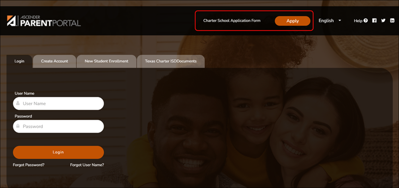 Parent Portal Login Screen with Charter School Application Form active