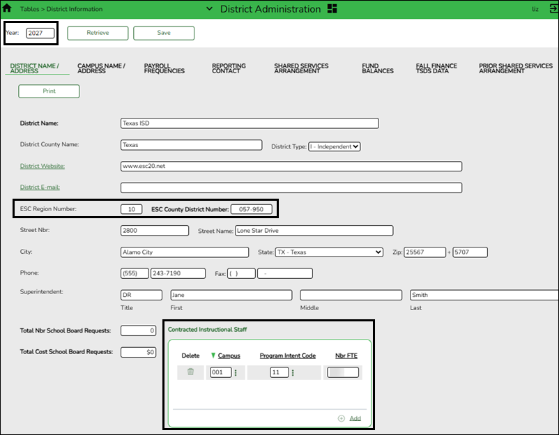 District Name/Address Tab