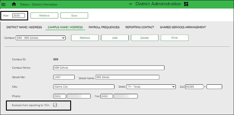 Campus Name/Address Tab