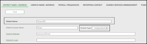 Viewing the District Name / Address fields