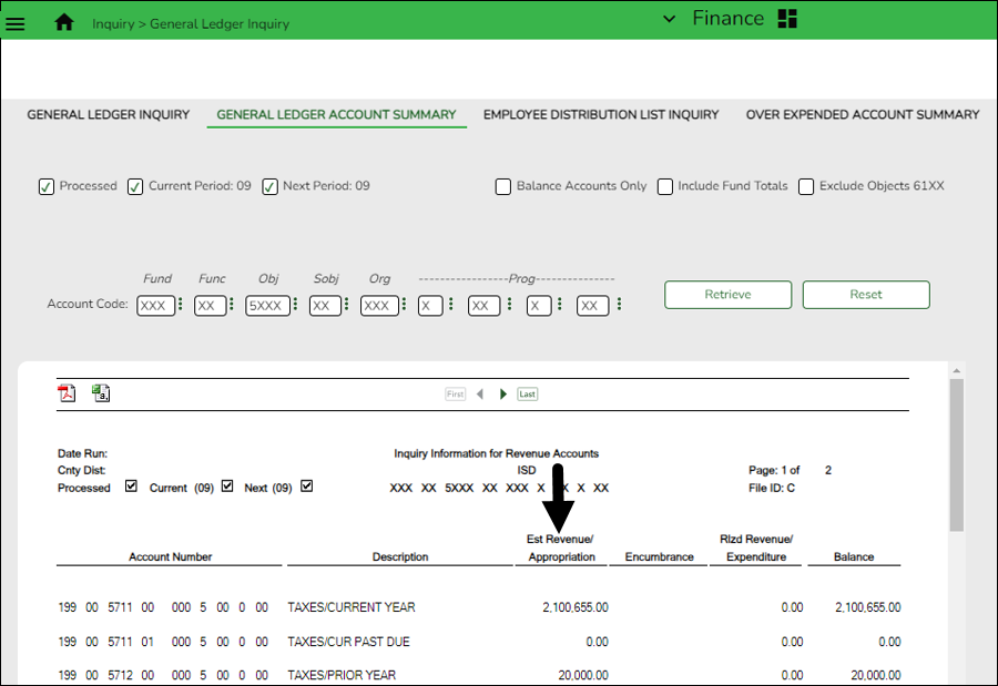 General Ledger Account Summary Tab