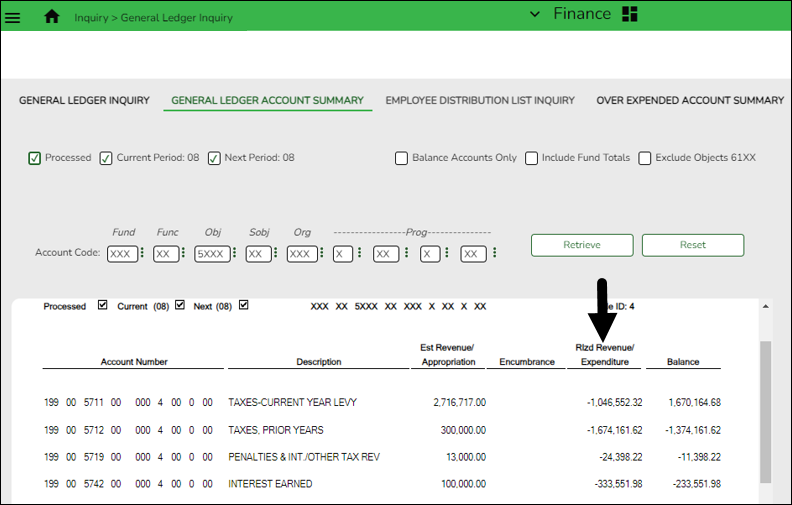 General Ledger Account Summary Tab