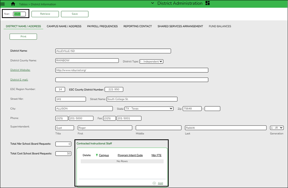 District Name/Address Tab