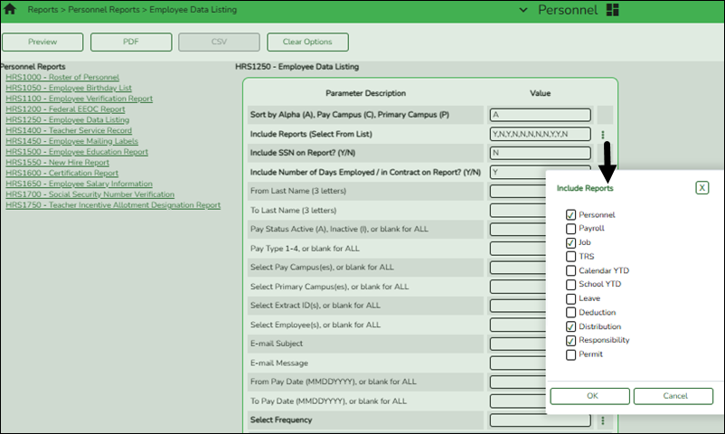 HRS1250 Report Parameters