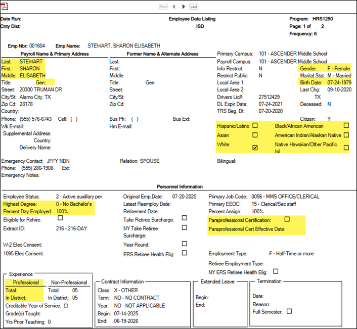HRS1250 Report Listing