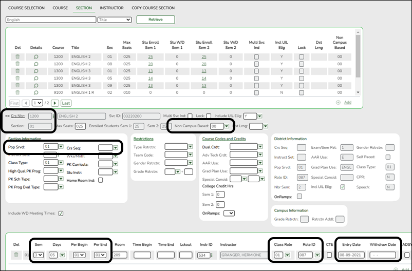 Section tab with Class Roster Winter elements highlighted