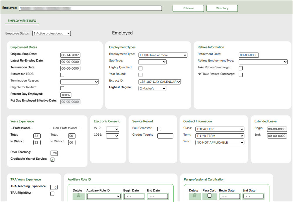 Employment Info tab with Class Roster elements highlighted
