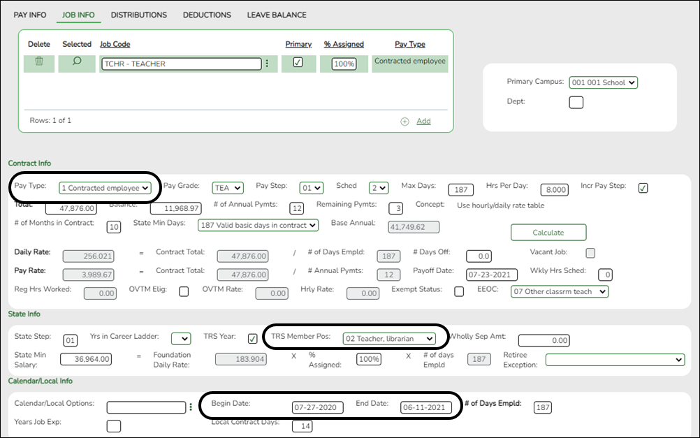 Job Info tab with Class Roster elements highlighted