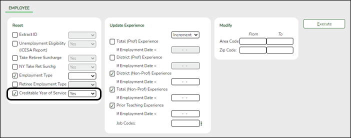 Employee tab with Creditable Year of Service highlighted