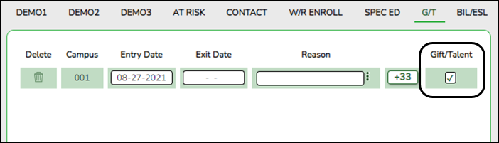 G/T tab with Gift/Talent field highlighted