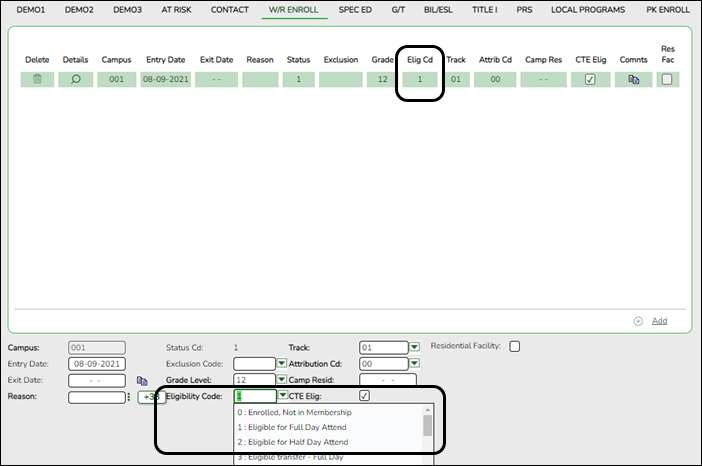 Registration W/R Enroll tab with TSDS elements highlighted