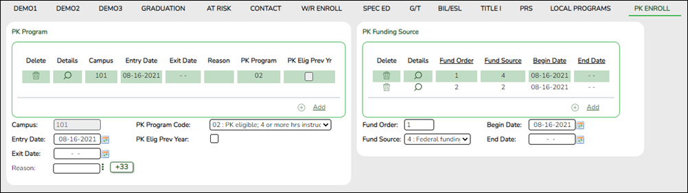 PK Enroll tab with BasicReportingPeriodAttendanceExtension fields highlighted