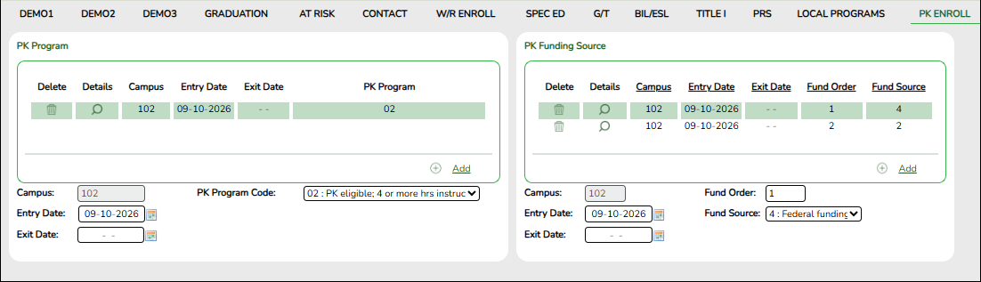 PK Enroll tab with BasicReportingPeriodAttendanceExtension fields highlighted