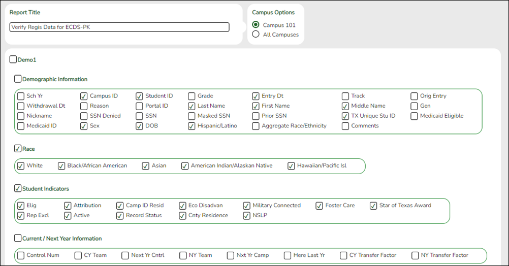 snippet of Create Registration Report with ECDS elements highlighted