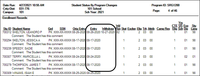 SRG1200 report with Print Enroll Records parameter set to Y