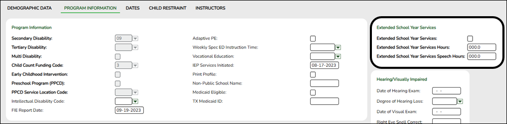 snippet of Program Information tab showing ESY fields
