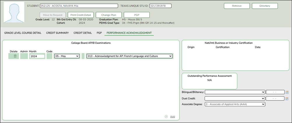 Performance Acknowledgement tab with Associate Degree field highlighted