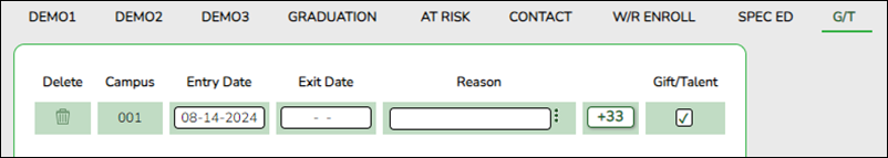 G/T tab with Entry/Exit Date and Gift/Talent fields highlighted