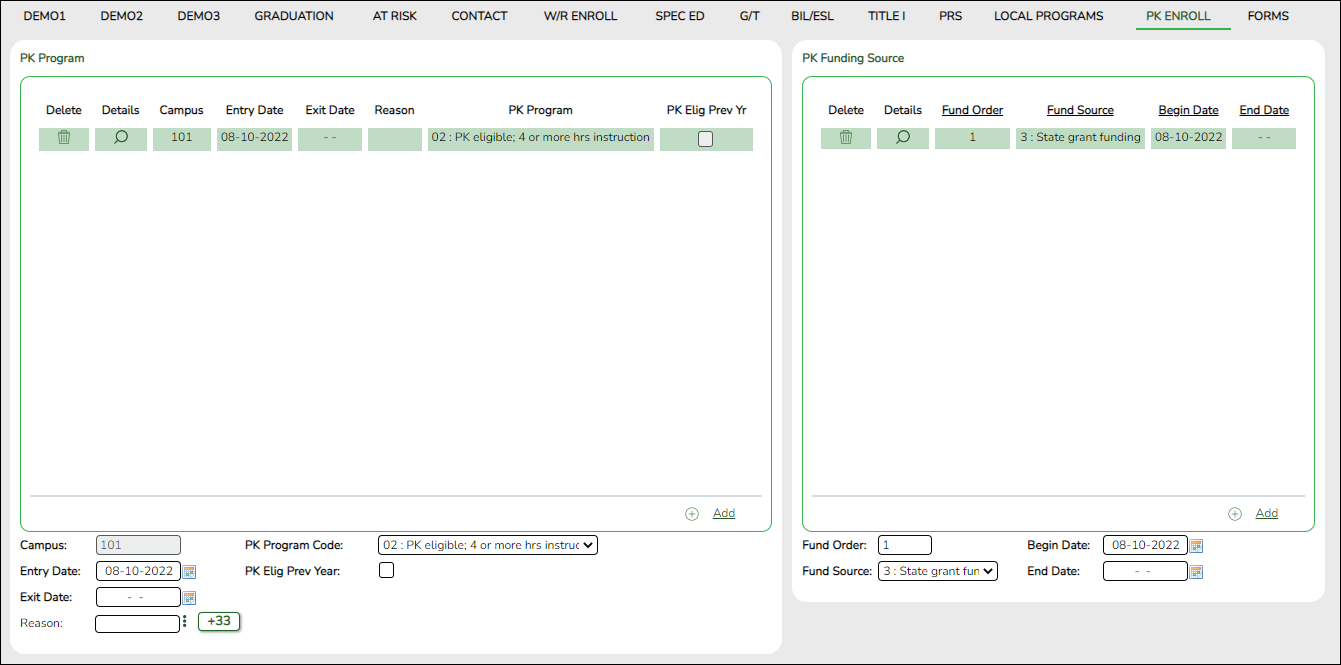 PK Enroll tab with fields circled