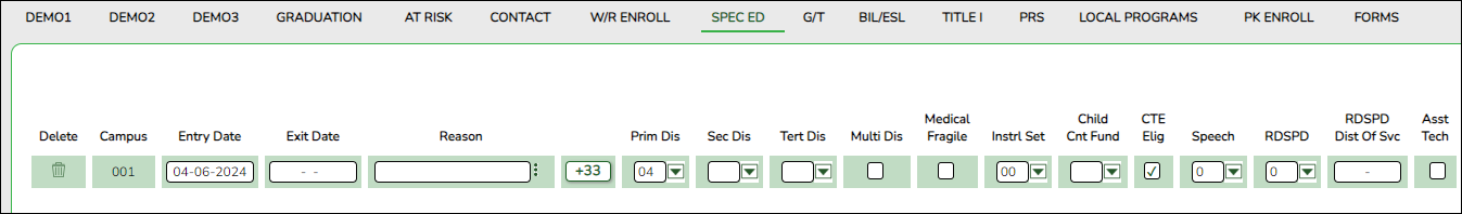 SpecEd tab with Entry/Exit dates highlighted