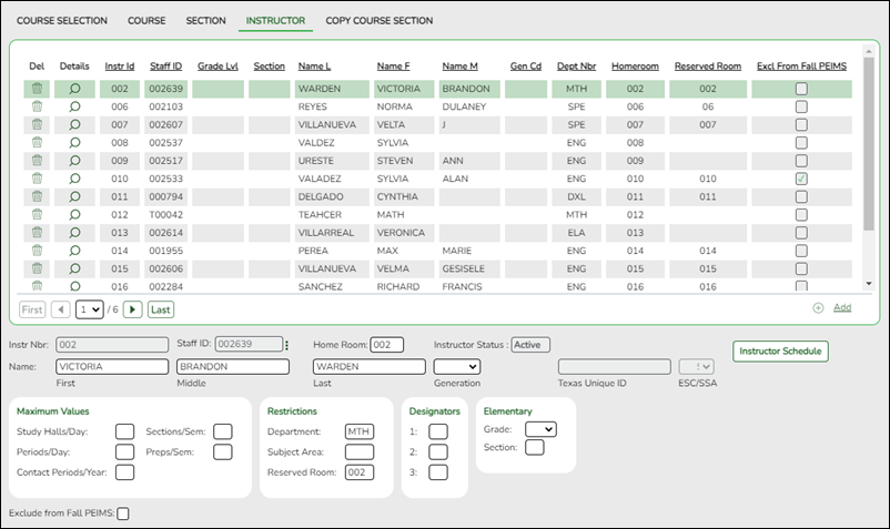 Campus Master Schedule Instructor tab