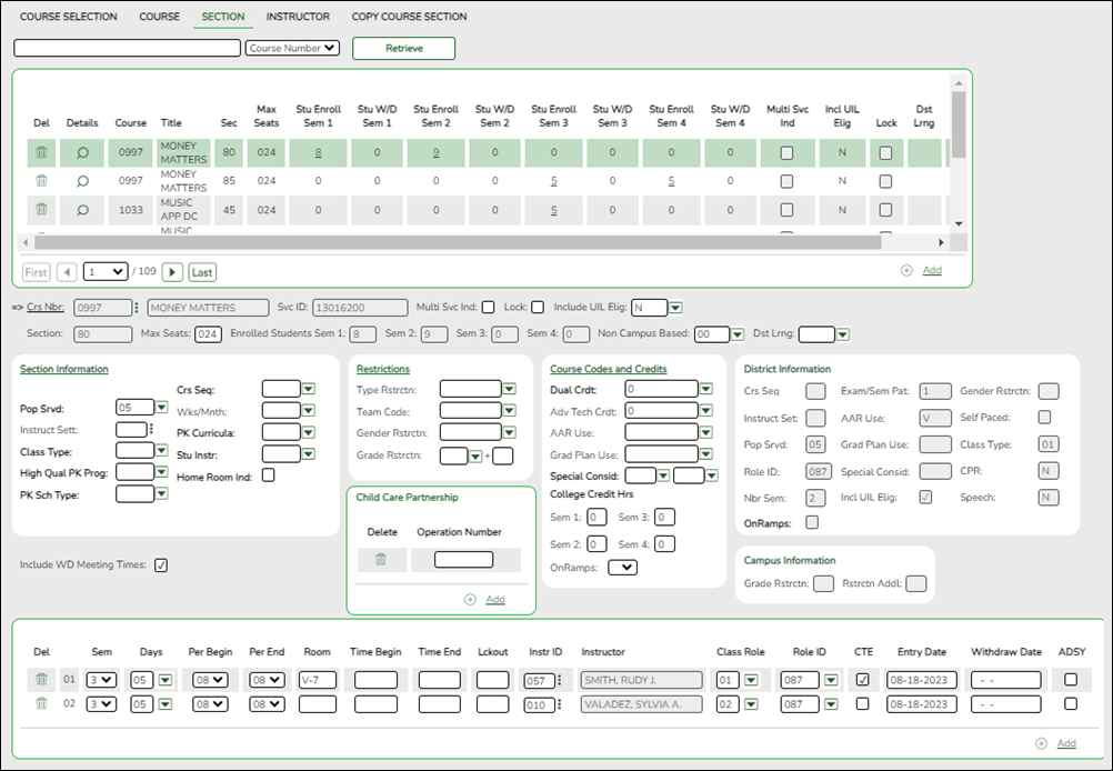 Campus Master Schedule Section tab