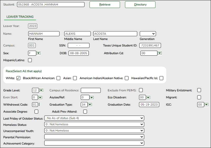 Prior Year Leaver Tracking page with Fall PEIMS fields highlighted