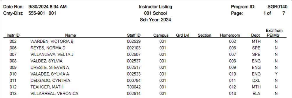 SGR0140 report with Staff ID field highlighted