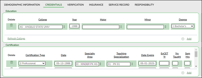 Credentials tab with Teaching Specialization field set to a C207 code