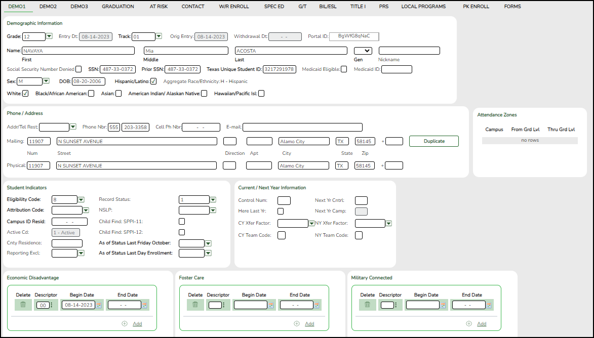 Demo1 tab with Student Category fields circled