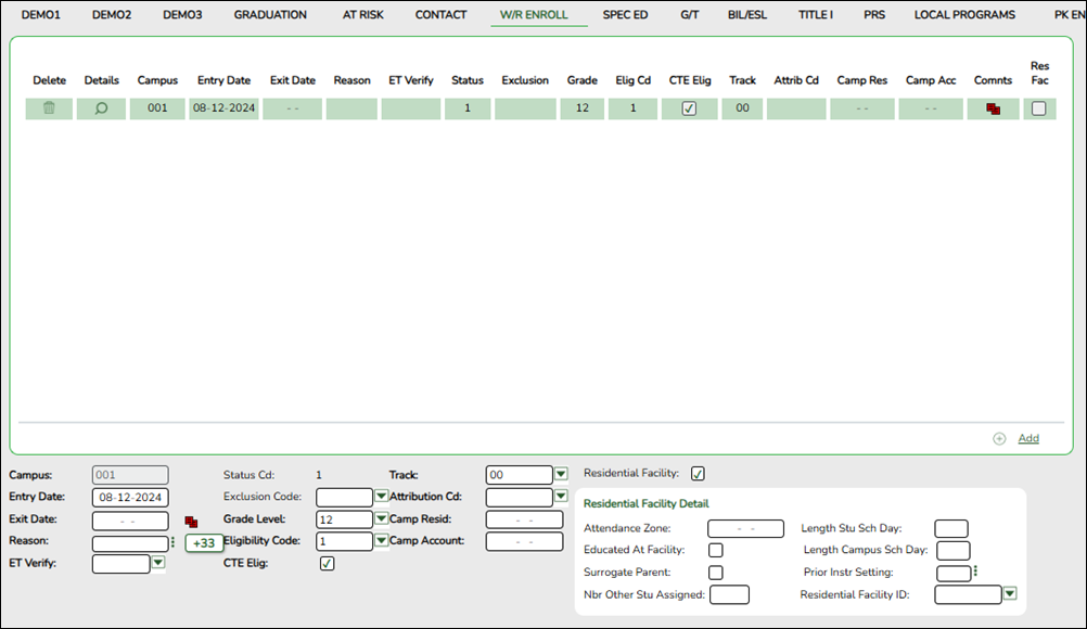 W/R Enroll tab with RF Tracker fields highlighted